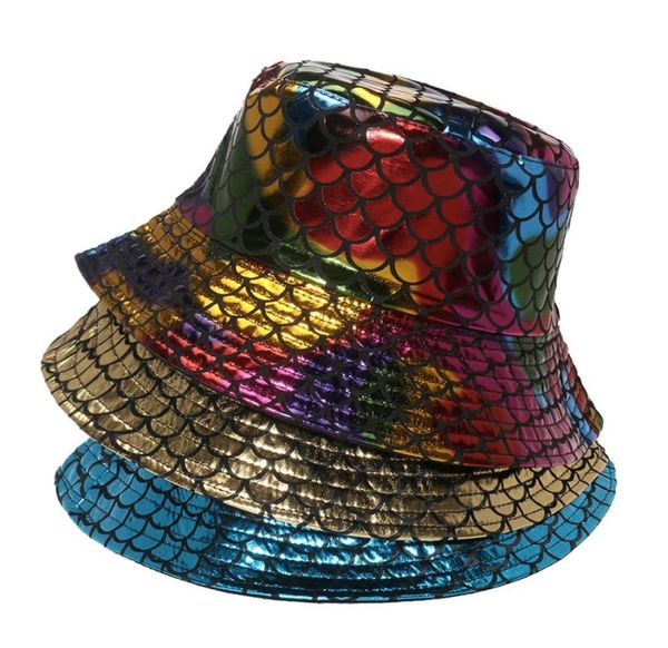 Vêtements ethniques tendance estivale arc-en-ciel coloré en or et en argent écailles de poisson pêcheur de pêcheur pour la sirène femelle Panama Bucket Hat H4308046