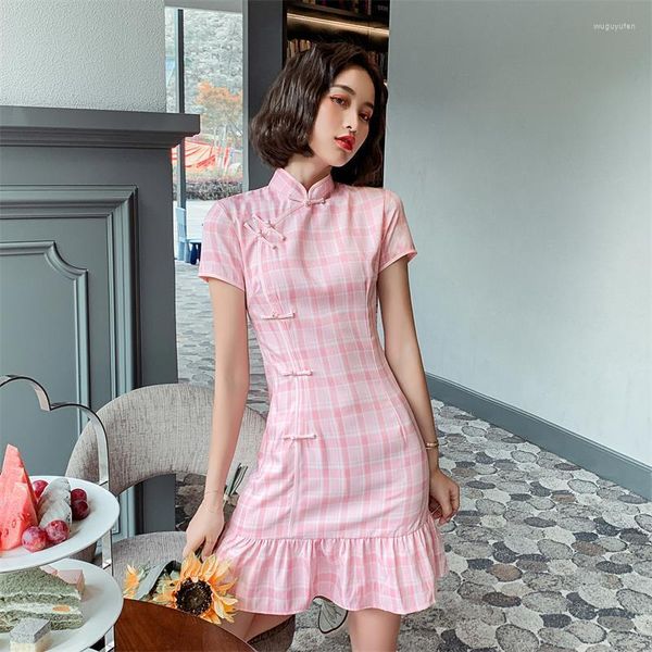 Ropa étnica verano Vintage entramado bastante rosa Cheongsam vestido mujeres chino traje algodón Qipao chica