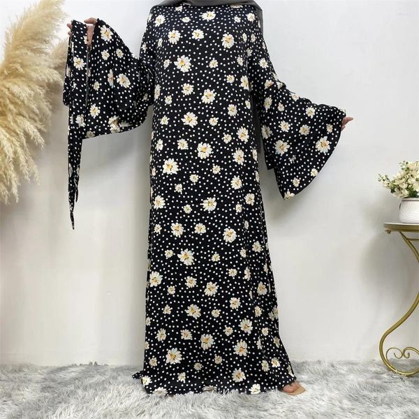 Ropa étnica Mujer de verano Vestido maxi bohemio Estampado floral Estampado satinado Moda Abaya Ropa islámica Musulmán Arabia Saudita suelta larga