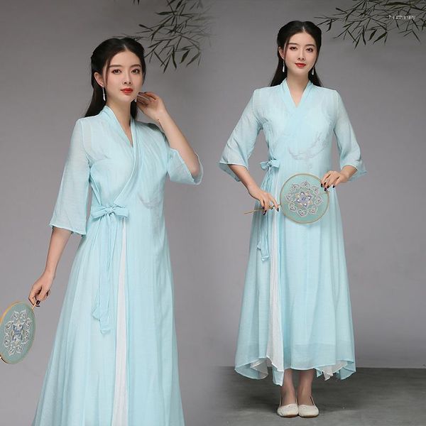 Vêtements Ethniques Été Femme Coton Lin 2 Pièces Ensembles Bleu Gris Rose Demi Manches Robe Avec Une Sangle Robe Longue Costume Oriental Élégant