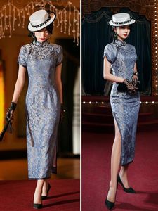 Etnische kleding Zomer Women Blue Silk Vintage Chinese stijl Traditionele Qipao Dress Plus Size Cosplay Elegante Cheongsam -jurken