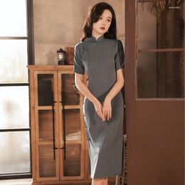 Ropa étnica verano mujer gris rayas largo Cheongsam Vintage disfraces elegante manga corta tradicional Qipao
