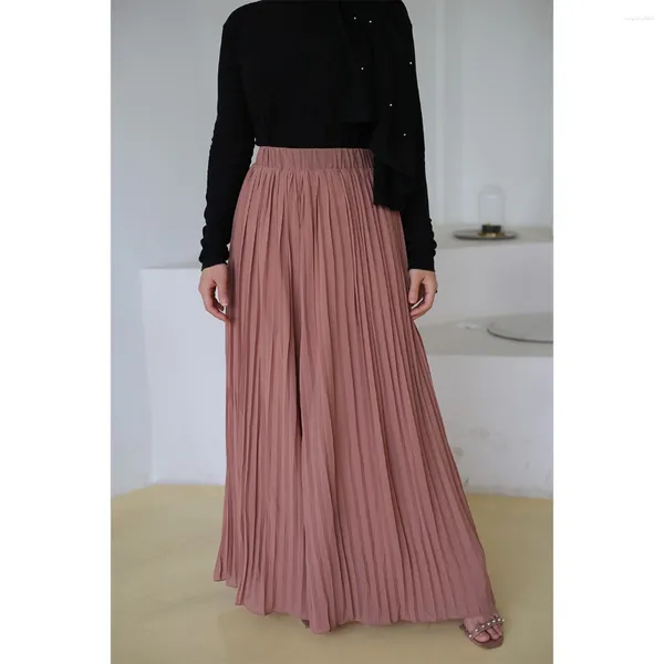 Ropa étnica Verano Mujeres Sólido Plisado Gasa Elástico Pantalones de pierna ancha Cintura alta Casual Culottes sueltos Pantalones Vacaciones Fondos musulmanes