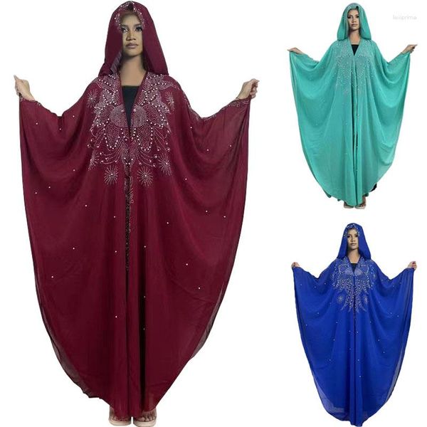 Ropa étnica Vestidos africanos de gran tamaño para mujeres Dashiki Cuentas de diamantes Ropa de gasa Abaya Dubai Boubou Robe África Vestido con capucha