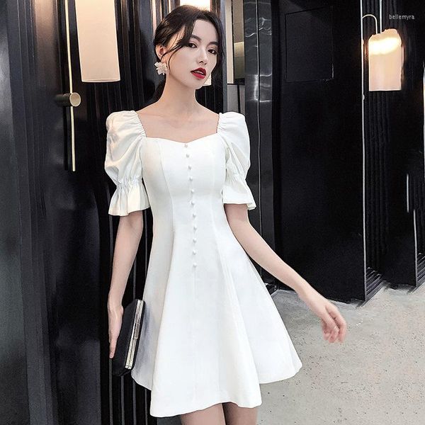 Ropa étnica Vestido de noche corto blanco dulce Satén diario Cuello cuadrado Cremallera Baile de graduación Vestido de varios colores Qipao