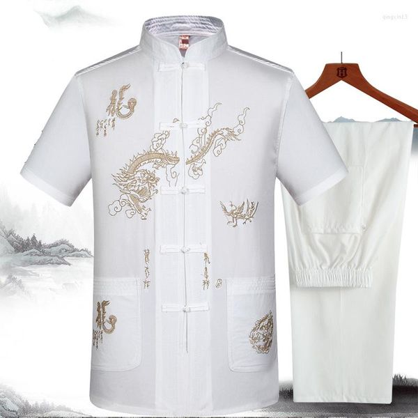 Ropa étnica Traje Tang Traje de manga corta para hombre Abrigo de lino de algodón tradicional informal 2 piezas Kong Fu Botón de mano chino Tai Chi