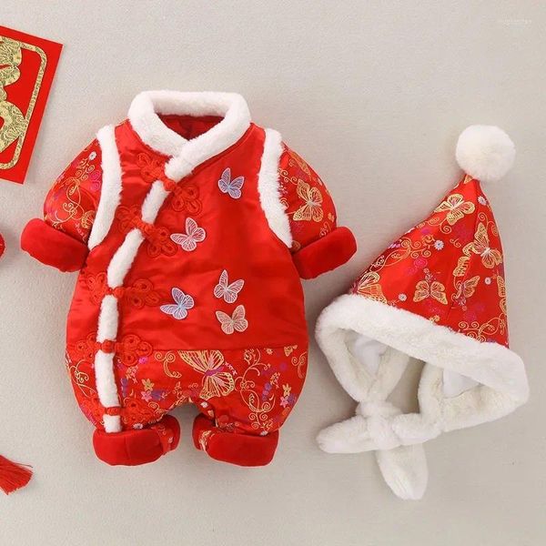 Vêtements ethniques Costume Tang pour bébé fille année traditionnelle chinoise hiver tenues rouges chaudes épaissir une pièce barboteuse et chapeau cadeau ensemble