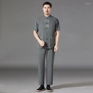 Vêtements ethniques Tang Costume hommes traditionnel chinois couleur unie à manches courtes Costume chine Style rétro affaires Gentleman 2023