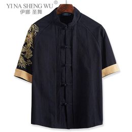 Etnische Kleding Tang Pak Korte Mouw Tops 9XL Traditionele Chinese Retro Stijl Mannelijke Draak Borduurwerk Plus Size Shirts Voor Mannen