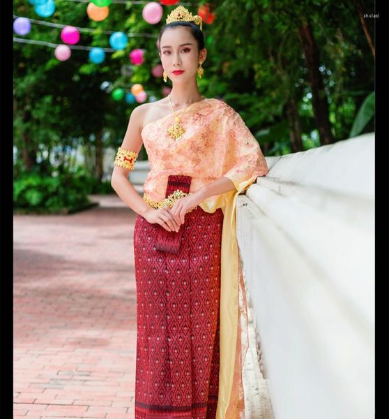 Ropa étnica Tailandia tradicional solo hombro sin mangas tops chal pha sin el restaurante traje de bienvenida vestido tailandés