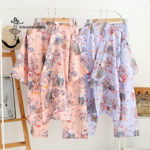 Etnische kleding Dun Loose Cardigan Pyjama's Japanse Kimono Yukata Vrouwen Set Summer Pure Cotton and Cherry Blossom Print Home Serve