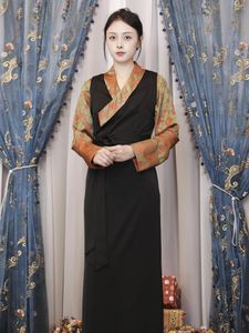 Ropa étnica Vestido negro tibetano Slim Fit Trajes adelgazantes Verano Estilo chino Mujer