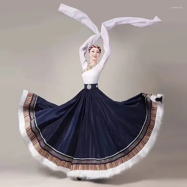 Vêtements ethniques Robe de spectacle de danse tibétaine Femme Manches d'eau Haut une pièce Demi-jupe Grande pratique de test d'art Swing