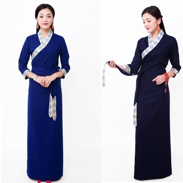Ropa étnica Vestido tibetano Estilo Tíbet Pamuklu Elbise Ropa Oriental Mujer Vestidos de túnica de algodón de manga larga