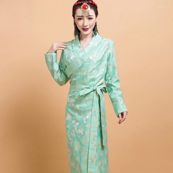 Ropa étnica Vestido tibetano Chino tradicional para mujeres Manga larga Verde claro Oriental Tíbet