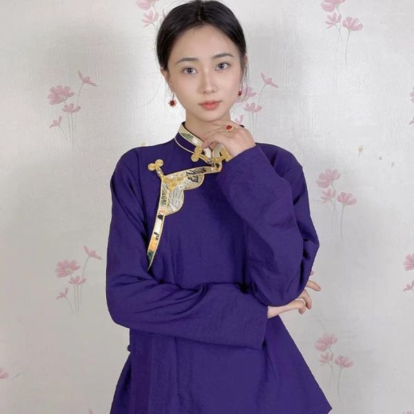 Vêtements ethniques Costume de fille tibétaine Pur coton Chemisier à bords dorés Xizang Noble Tibet Style Femmes Voyage Po Top Violet Jaune Blanc