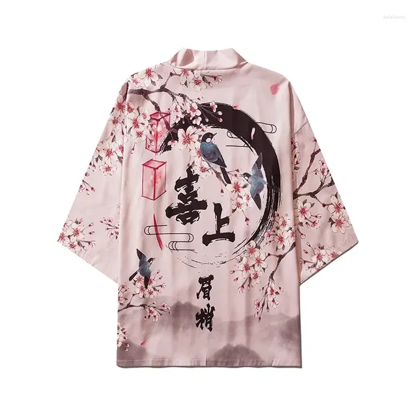 Vêtements ethniques Tiktok Le même genre Kimono Obi Yukata Haori Floral et oiseaux Imprimer Cardigan Femmes Hommes Manteau japonais traditionnel