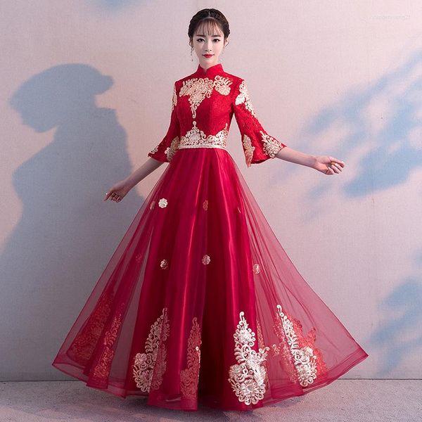Vêtements ethniques Toast Mariée Été Longue Section Style Chinois Taille Haute Femmes Enceintes Rouge Mariage Mode Robe De Soirée Qipao