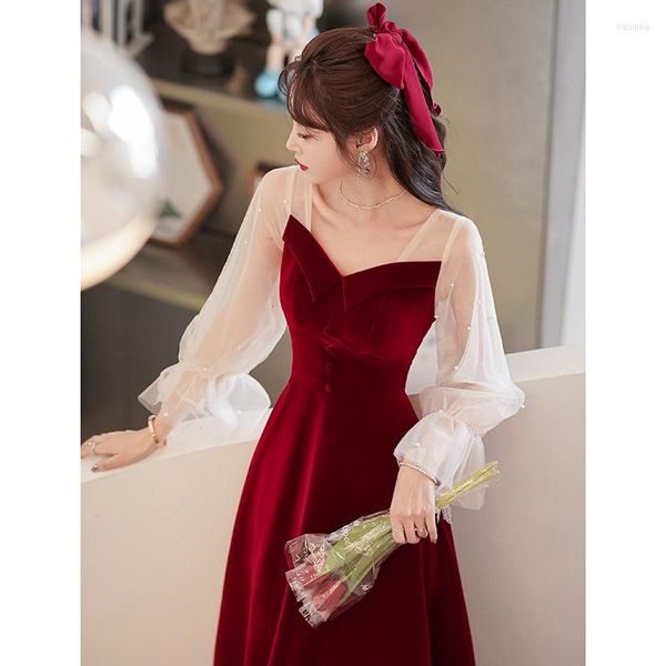 Vêtements ethniques Toast Robe Mariée 2023 Automne Mariage Fiançailles Velours À Manches Longues Vin Rouge Élégant Banquet Soirée