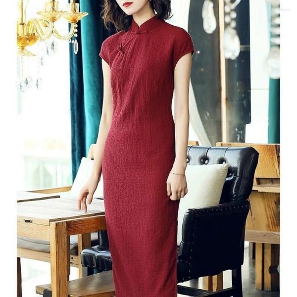 Vêtements ethniques Traditionnel Chinois Cheongsam Femmes Filles Coton Lin Robe Rétro Qipao Moulante Sexy Robes Courtes Vintage