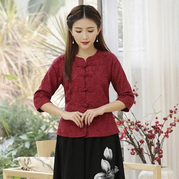 Vêtements ethniques Traditionnel Chinois Coton Lin Chemise Blouse Vintage Lady Solid Tops Oriental Hanfu Style Femmes 11643