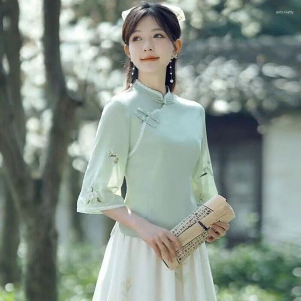 Ropa étnica Vestido tradicional chino Diario Cheongsam mejorado para mujer Top Vintage Conjunto de arte joven Traje de dos piezas Hada