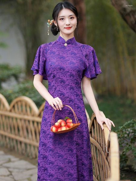 Vêtements ethniques traditionnel chinois manches volantes violet Jacquard Satin a-ligne Qipao mode Vintage femmes filles Cheongsam robe