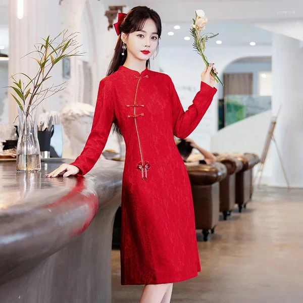 Ropa étnica Chino tradicional para mujeres Cheongsam mejorado Novia moderna Boda Rojo Qipao Vestido de noche Ropa de noche High Gear