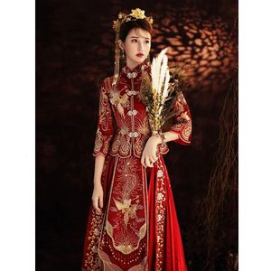 Vêtements ethniques Traditionnel chinois de haute qualité broderie robe de mariée mariée rouge plissée Xiuhe rétro raffiné élégant marier Cheongsam 231212