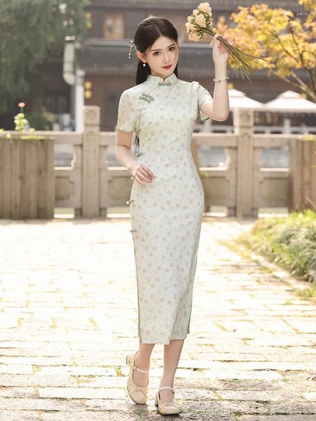 Vêtements ethniques traditionnels chinois imprimés satin dame qipao sexy slim split cheongsam vintgae robe costume oriental classique