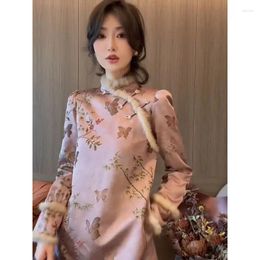 Vêtements ethniques Traditionnel chinois Qipao Robe Cheongsam Épaissi Imprimé Doux À Manches Longues Hiver Rétro Slim Élégant Femme