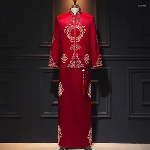 Ropa étnica tradicional chino Qipao para hombre bordado rojo novio vestido de noche trajes de tostadas de boda traje tang