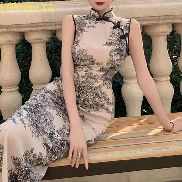 Ropa étnica tradicional chino Qipao Modificado Vestido Cheongsam Cheongsam sin mangas sin mangas