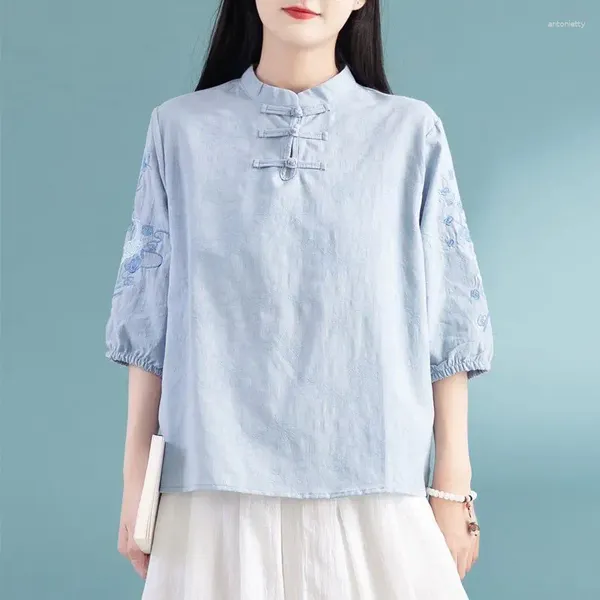 Vêtements ethniques Chemise chinoise traditionnelle Rétro Folk Chine Style Tops Broderie Femmes Daily Coton Lin Blouse Printemps Été