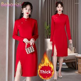 Vêtements ethniques Style chinois traditionnel Cheongsam rouge pour les femmes Automne Hiver Épais Moderne Amélioré Rétro Qipao Robe Année CNY