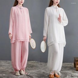 Vêtements ethniques Vêtements de style chinois traditionnel Femmes Linge Bouddha Zen Tai Chi Tops Pantalons à jambes larges Costume Tang Hanfu Wushu