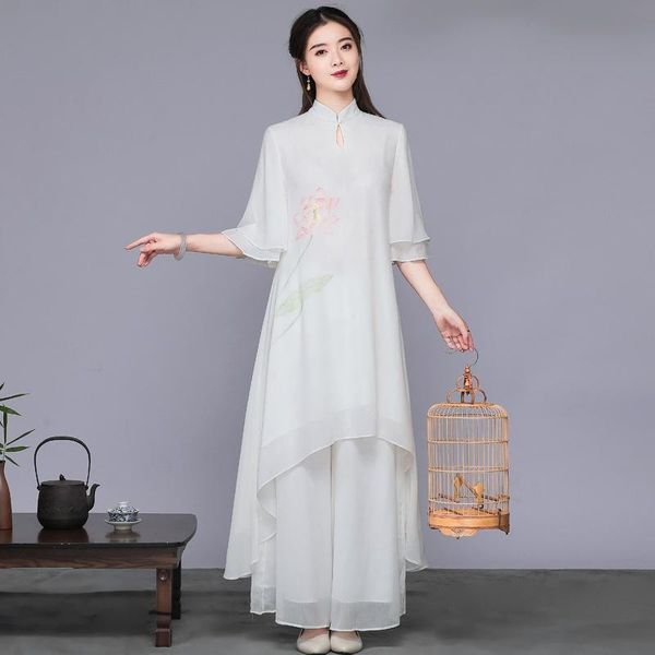 Vêtements ethniques Style chinois traditionnel Femmes Lin Tea Set Spring Tang Costume Vintage Robe Femme Oriental Cheongsam Hanfu TA2457