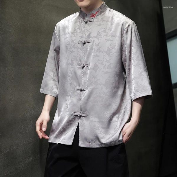 Vêtements ethniques Style chinois traditionnel Men icesilk Shirt Tang à manches courtes 2024Summer Stand Collar Jacquard Mens Broidered Hanfu Top