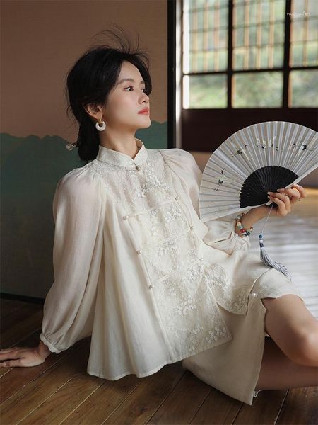 Ropa étnica estilo chino tradicional chino moderno traje de espiga blanca verde verano verano hanfu blusa media falda 2pc sets