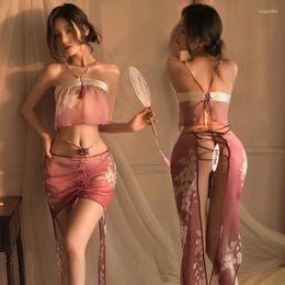 Ropa étnica Traje de borla chino tradicional Linda minifalda Hanfu Lencería sexy Perspectiva Gradiente de color Porno Vendaje Uniforme