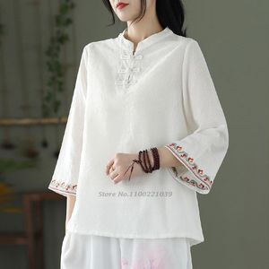 Ropa étnica tradicional chino Vintage blusa mujeres Hanfu Top flor bordado algodón Lino traje Oriental Cheongsam Tang blusa étnica