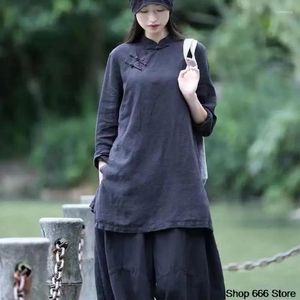 Vêtements ethniques Traditionnel Chinois Femmes Coton Lin Top Style Robe Rétro Cheongsam Amélioré Han Costume Printemps Été