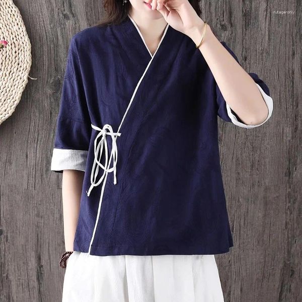 Vêtements ethniques Traditionnels chinois Femmes Tops et chemisiers Coton Été 2024 T-shirt littéraire Vêtements vintage 10075
