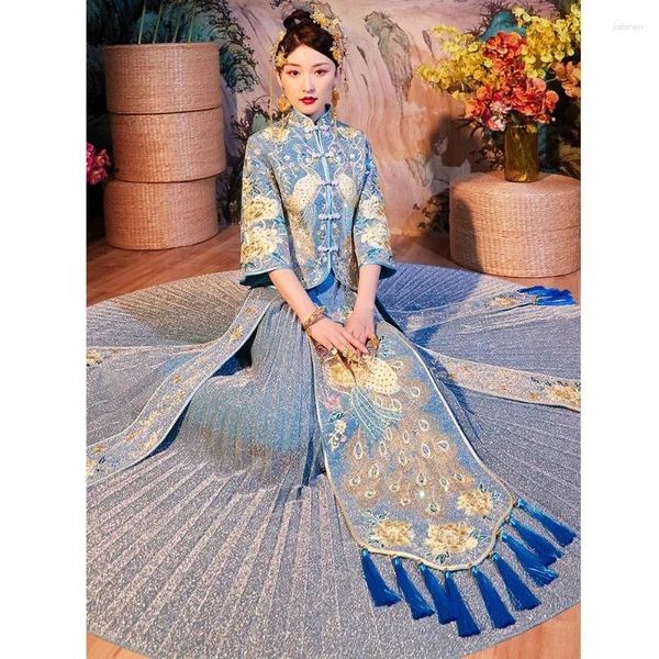 Vêtements ethniques Classic Classic Blue Peacock broderie Bride Cheongsam Xiuhe Suit Robe de mariée de printemps