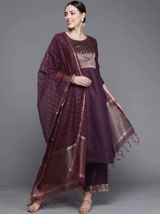 Ropa étnica ropa india tradicional Jacquard Set de 3 piezas y conjunto de mezcla de algodón de longitud media