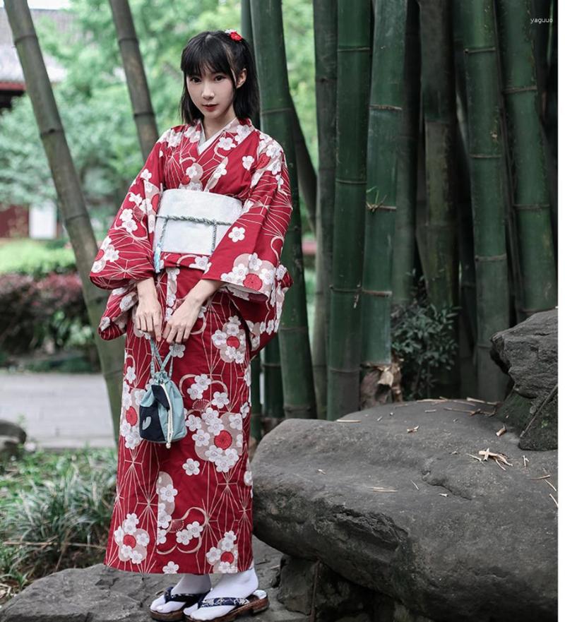 エスニック服伝統的な日本の花の着物とベルトレディースコットンユカタドレス日本セクシーなダンスパフォーマンスコスプレコスチューム
