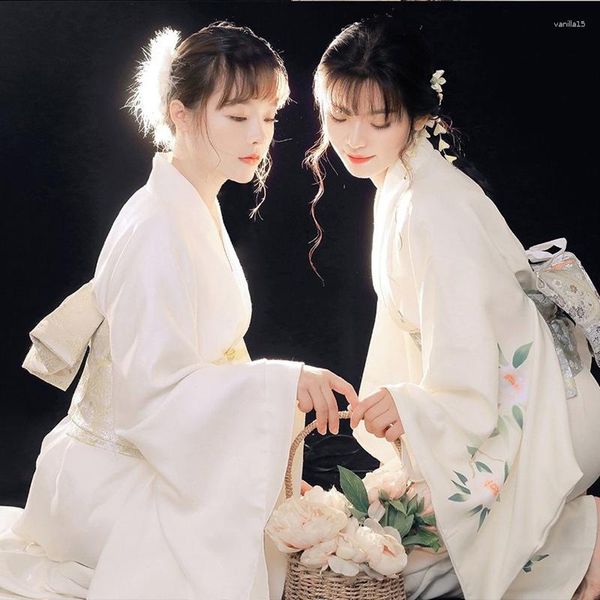 Vêtements ethniques Kimono japonais traditionnel 2023 Femme Automne Style rétro Style blanc Impression Tempérament Robe Bow Cosplay Costume