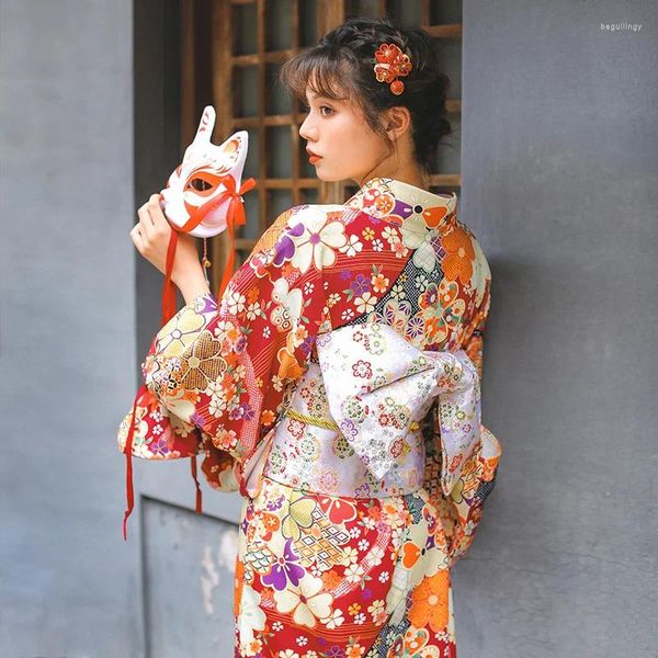 Vêtements ethniques Kimono japonais traditionnel Costume de sentiment Yukata rouge profond et robe de fille de jeu de rôle Obi Halloween