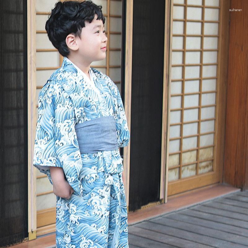 Ropa étnica Trajes de estilo japonés tradicional para niños Conjunto de Yukata con estampado de olas para niños Kimono Vintage de algodón Ropa de manga larga