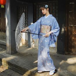 Etnische kleding Traditionele kimono -jurk voor vrouwen Japanse jaar lange mouw vintage yukata blauwe kleur